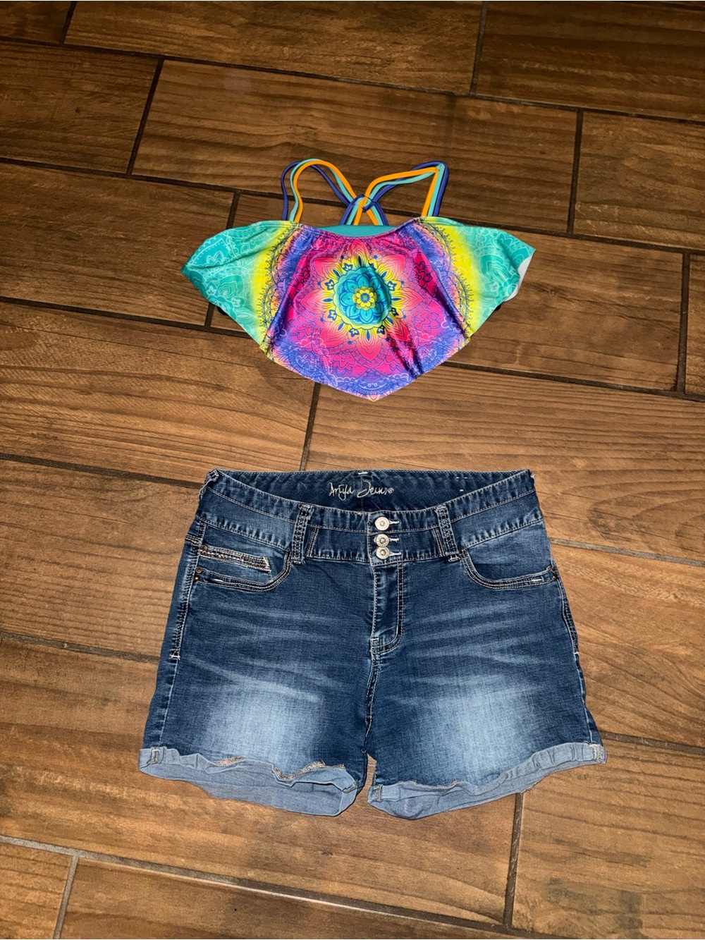 Cute Colorful Mandala Bikini Top & jean shorts Outfit